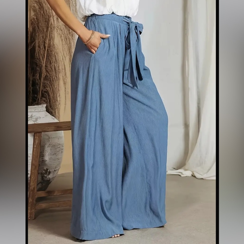NEW•XL•LAST 1‼️ Belle In Blue Tie-Waist Wide Legged Pants With Pockets - Picture 2 of 12